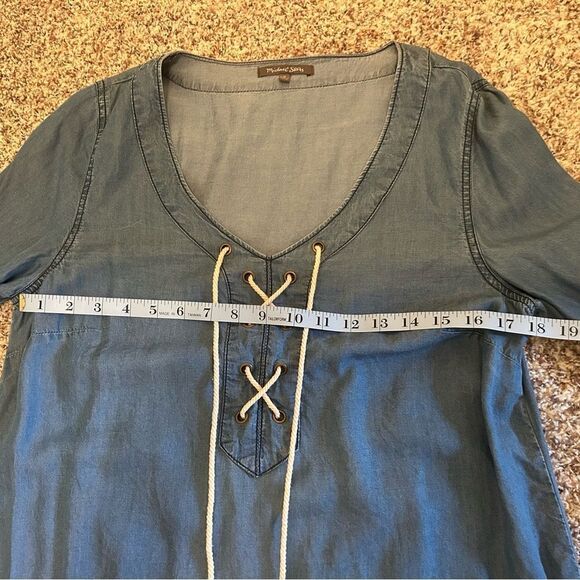 Michael Stars Women’s Blue Denim Tunic Dress 
Chambray Raw Fringe Hem Medium - Picture 9 of 10